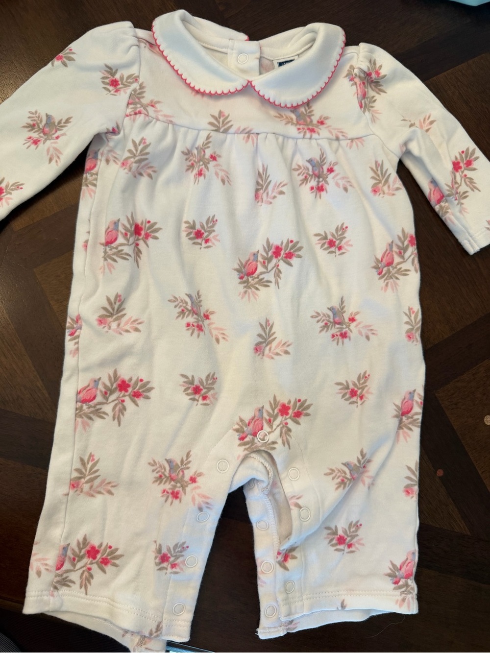 Janie and Jack Cream Floral Baby One-Piece with Pink Trim